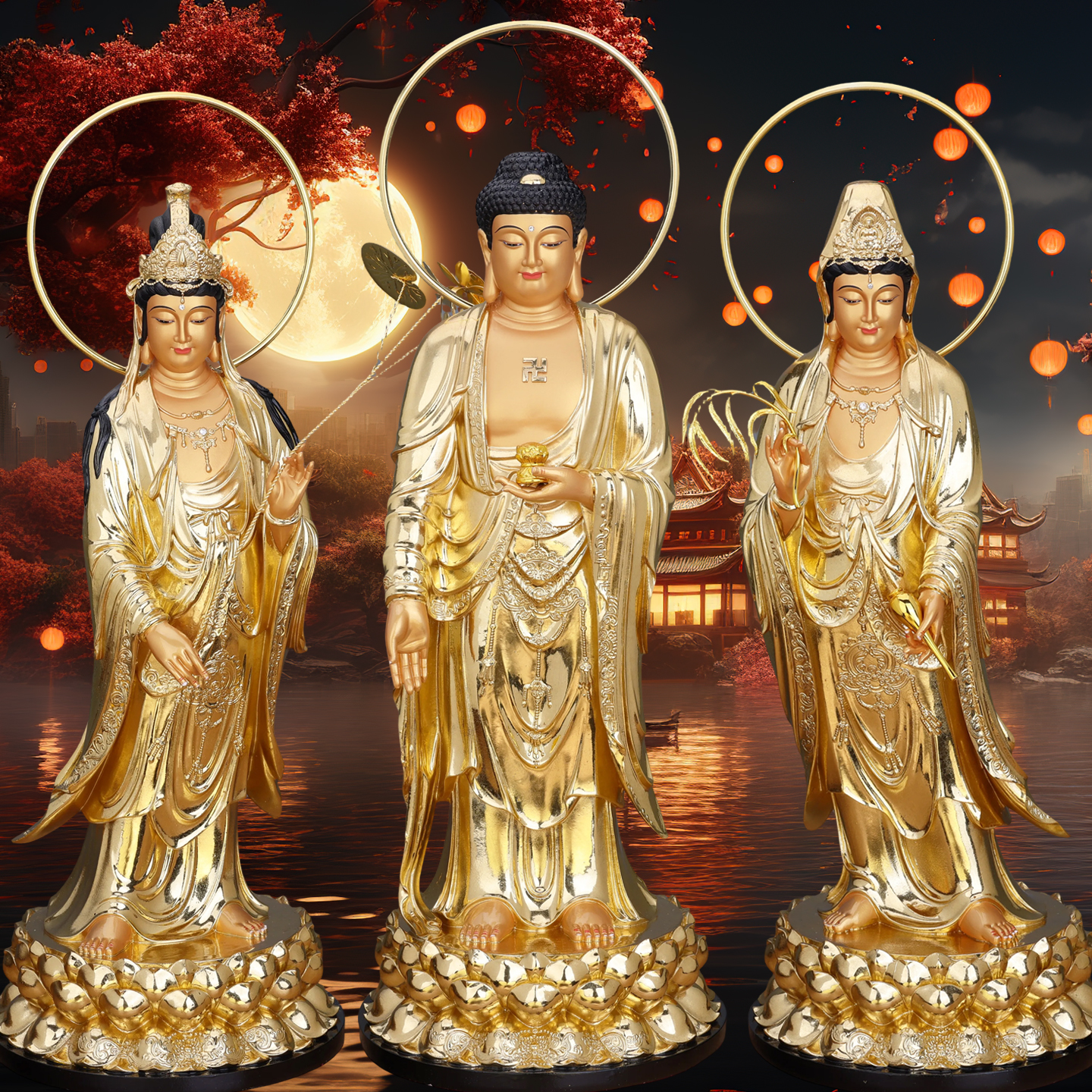 贴金西方三圣佛像阿弥陀佛大势至观音菩萨站像树脂观世音摆件家用