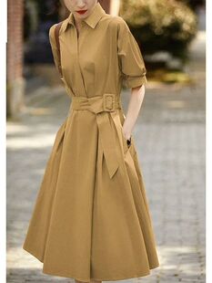 2024年夏季新款工装风衣翻领系带收腰衬衫连衣裙女装气质A字裙子