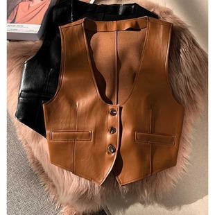 复古内搭皮马甲女外套秋冬女款叠穿棕色洋气坎肩马夹背心欧货上衣