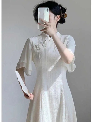 改良旗袍新中式女装国风半袖连衣裙女夏季高级感收腰小个子连衣裙