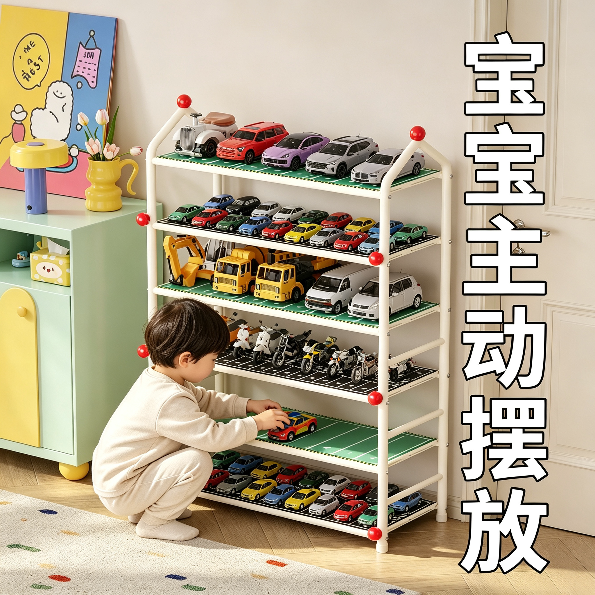 儿童汽车玩具收纳架小模型卡车停车场多层大容量玩偶置物展示架