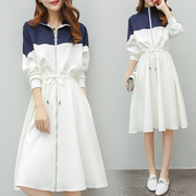 2017新款女装春中长款休闲短袖连衣裙女宽松大码拼接白色长袖裙夏
