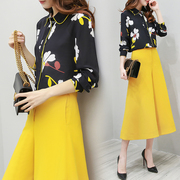 2017新款女装春两件套裤雪纺长袖上衣阔腿裤七分裤休闲时尚套装女