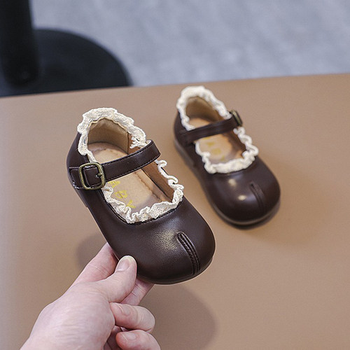 女小童花边假分趾公主小皮鞋