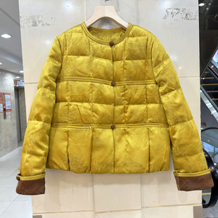 羽绒服欧洲站冬装 依米莎25D075 门禁三粒扣圆领人丝亚麻减龄短装