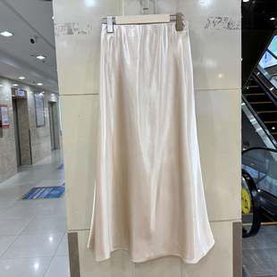 松紧高腰仿醋酸垂感A字中长半身裙春正品 时尚 A8112 艾尔菲洋26A