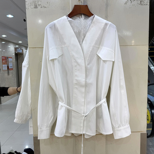 洋气两件套欧货春装 V领系带收腰一手长衬衫 透视蕾丝背心 L68931