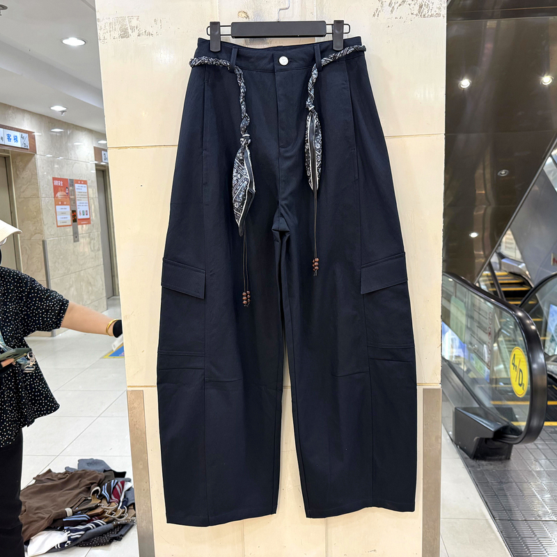 AS 66632 欧货秋装2025新款丝巾腰带高腰大口袋休闲工装裤弯刀裤