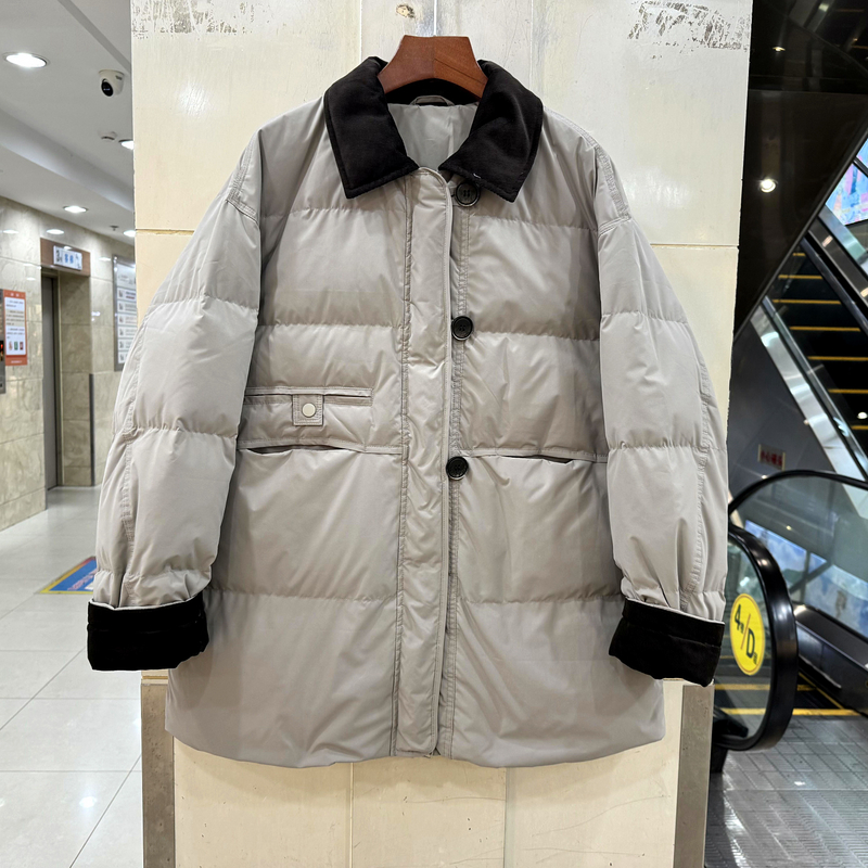 2N5566 撞色灯芯绒翻领三离开拉链休闲巴恩风小个中长羽绒服冬装