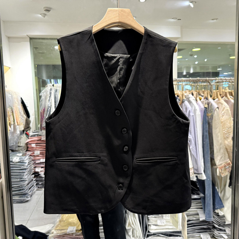 布依快线M8020 斜门禁单排扣V领休闲宽松韩系马甲外套欧货春装女