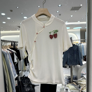 醋酸国风T恤上衣小衫 皱褶修身 春 重工镶钻花立领短袖 艾嫚伊A27608