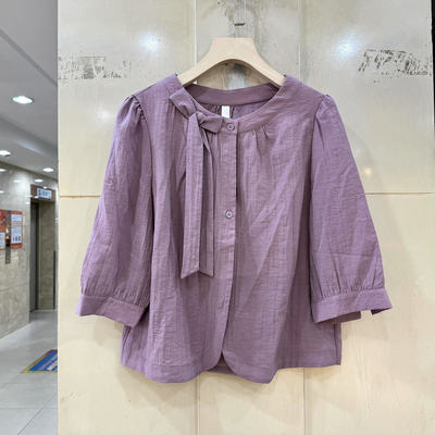 紫悦风情YY5625 飘带蝴蝶结圆领七分袖减龄舒适短装衬衫上衣春装