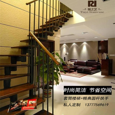 定制套筒缩颈钢木龙骨套筒楼梯拉丝PVC扶手 钢木楼梯 阁楼楼梯
