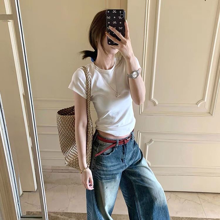 上身贼掐腰!短袖t恤女夏季基础舒适小心机修身显瘦短款体恤上衣