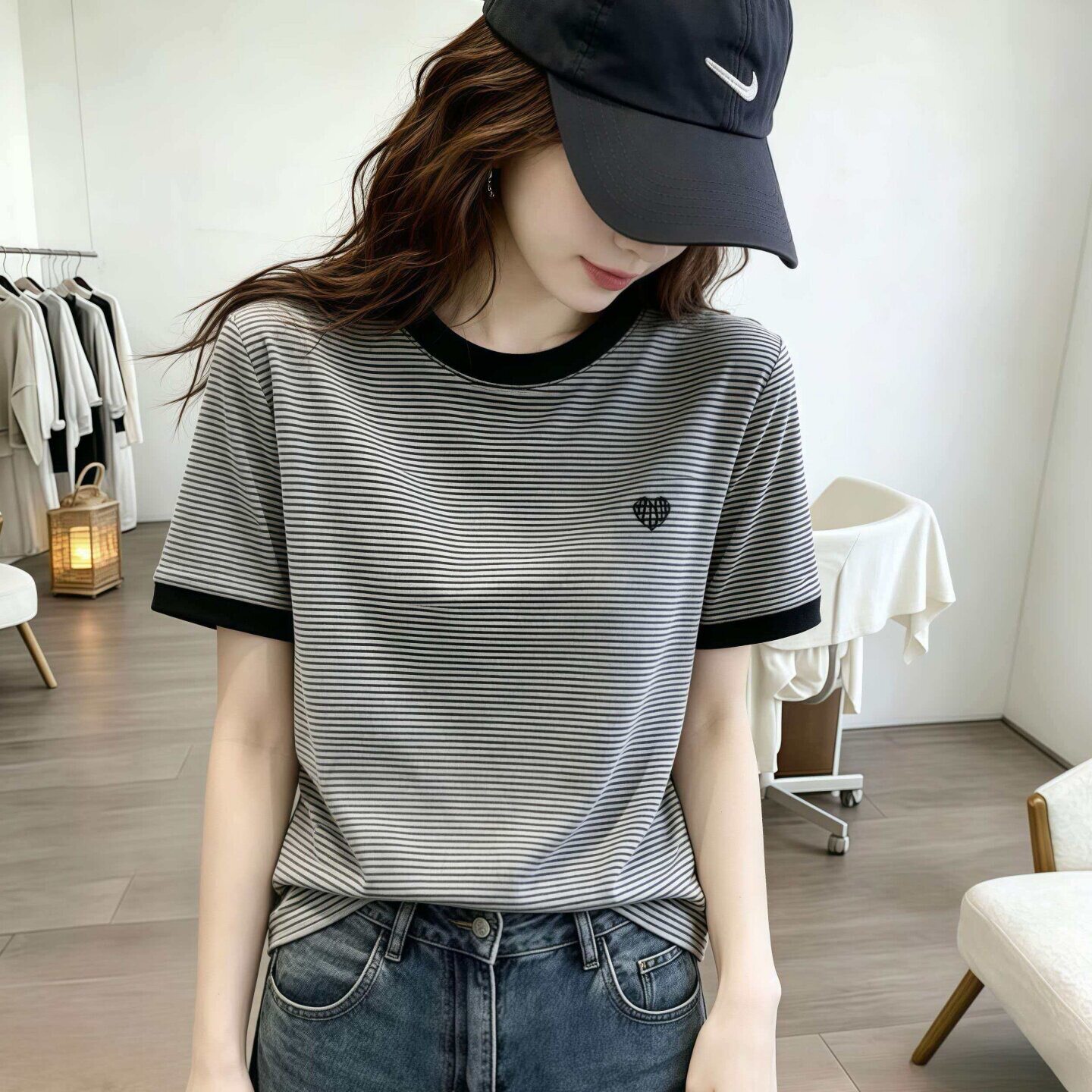 正肩条纹短袖T恤女夏季新款时尚百搭修身显瘦圆领洋气韩版上衣潮