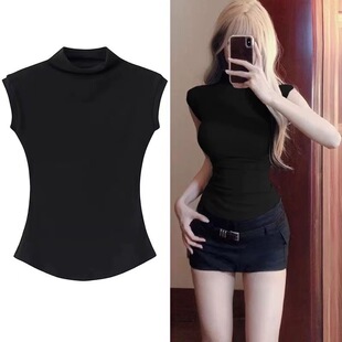 欧美风纯欲风半高领蚂蚁腰修身显瘦背心夏季新款女辣妹短款上衣女