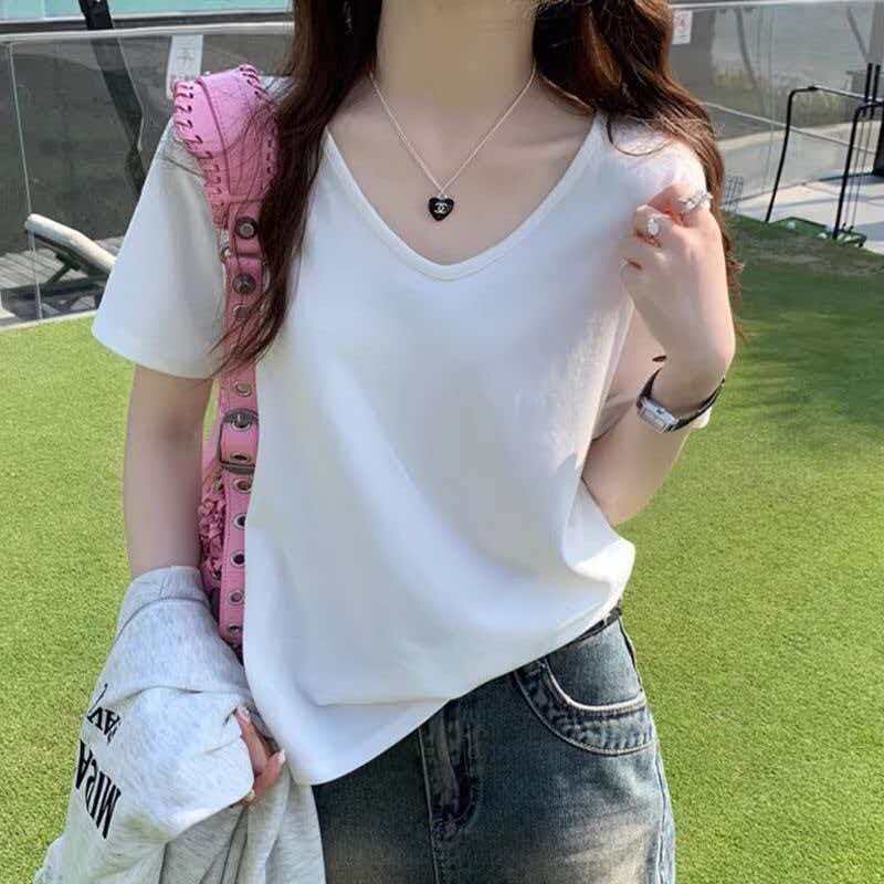 2026夏季新款冰丝螺纹双纱U领正肩T恤女短袖白色上衣春夏款大领t