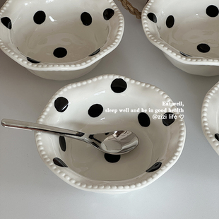 ins风波浪边珠点浅浮雕陶瓷浅口碗陶瓷黑白波点酸奶碗麦片甜品碗