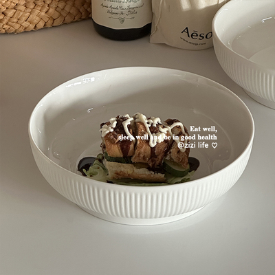 浅浮雕大容量白色汤盘陶瓷ins风