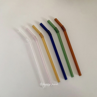 ins简约彩色耐高温玻璃吸管搅拌家用吸管咖啡店餐厅弯头吸管复古