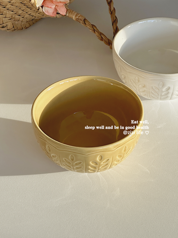 复古ins做旧麦芒浅浮雕陶瓷碗