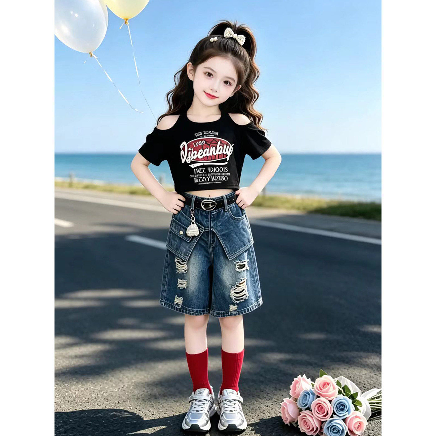 女童短袖套装夏季2026新款儿童印花上衣夏装女孩牛仔五分裤两件套