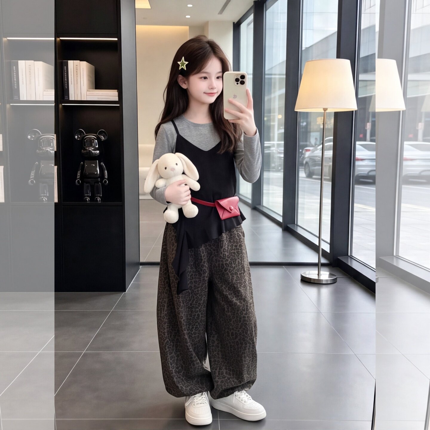 女童春秋撞色假两件长袖打底衫