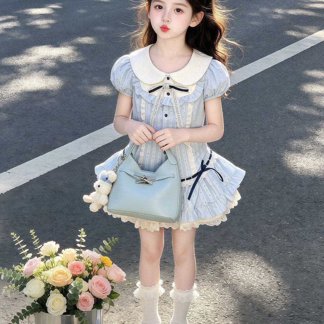 女童学院风套装女孩蓝色2026新款荷叶边蓬蓬裙两件套儿童连衣裙子