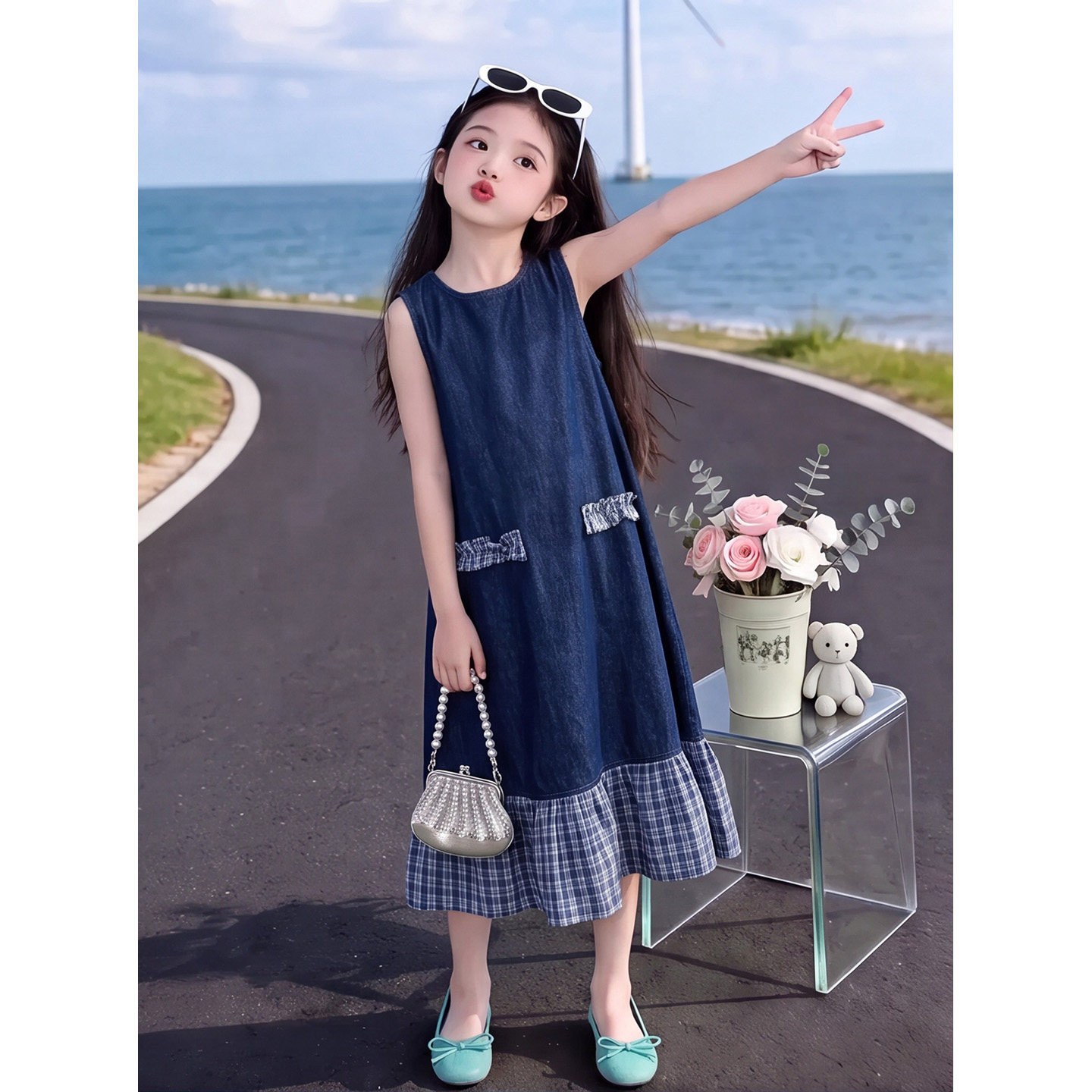 女童牛仔连衣裙2026新款儿童夏季无袖格子拼接中长裙蝴蝶结背心裙
