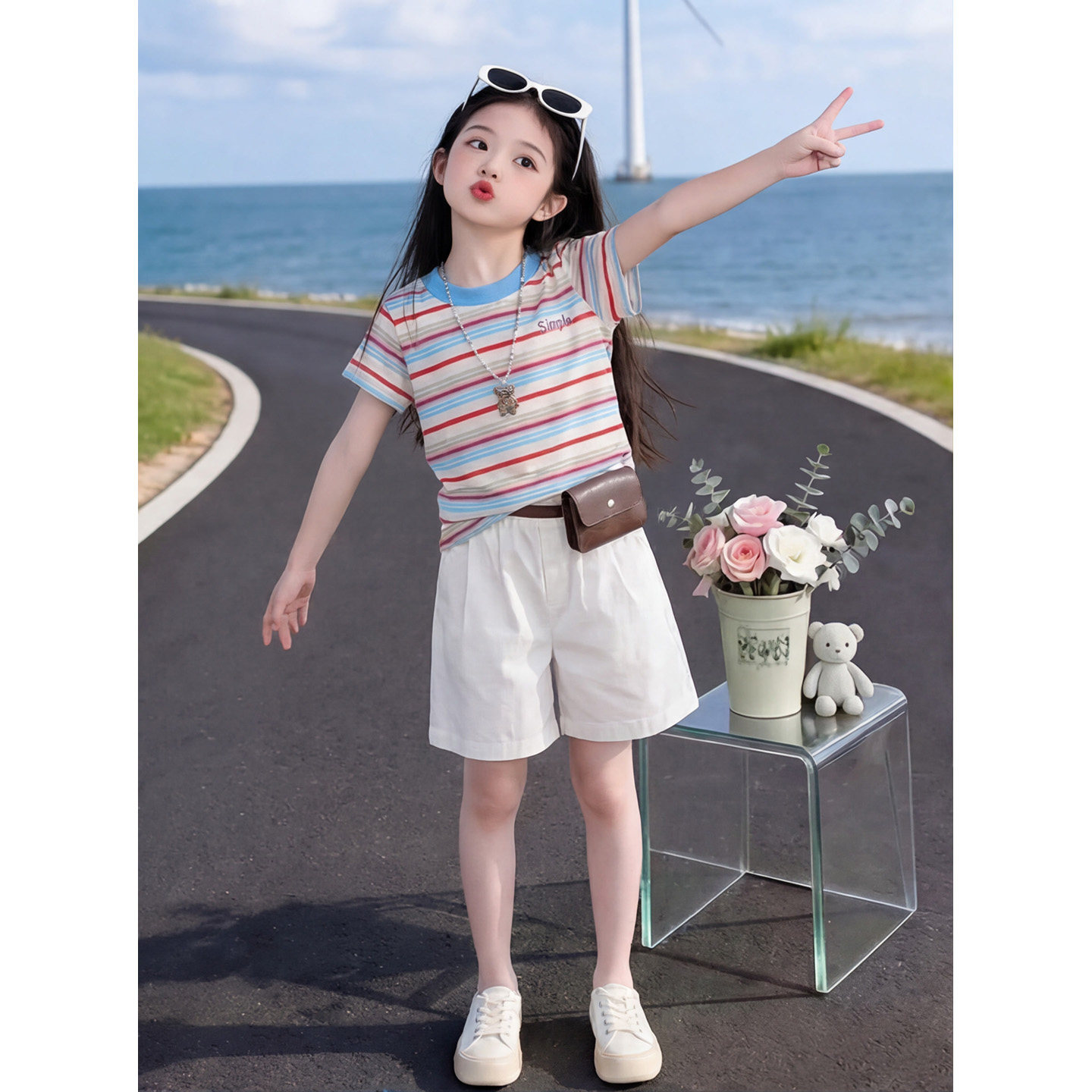 女童夏季洋气纹短袖T休闲短裤套