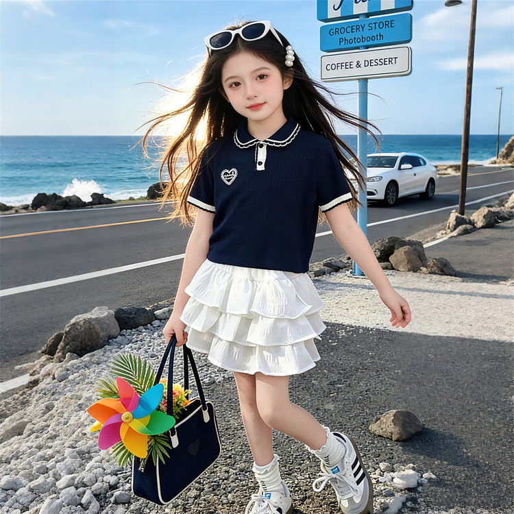 女童2026夏季学院风娃娃领短袖上衣花边半身裙洋气甜美两件套夏装