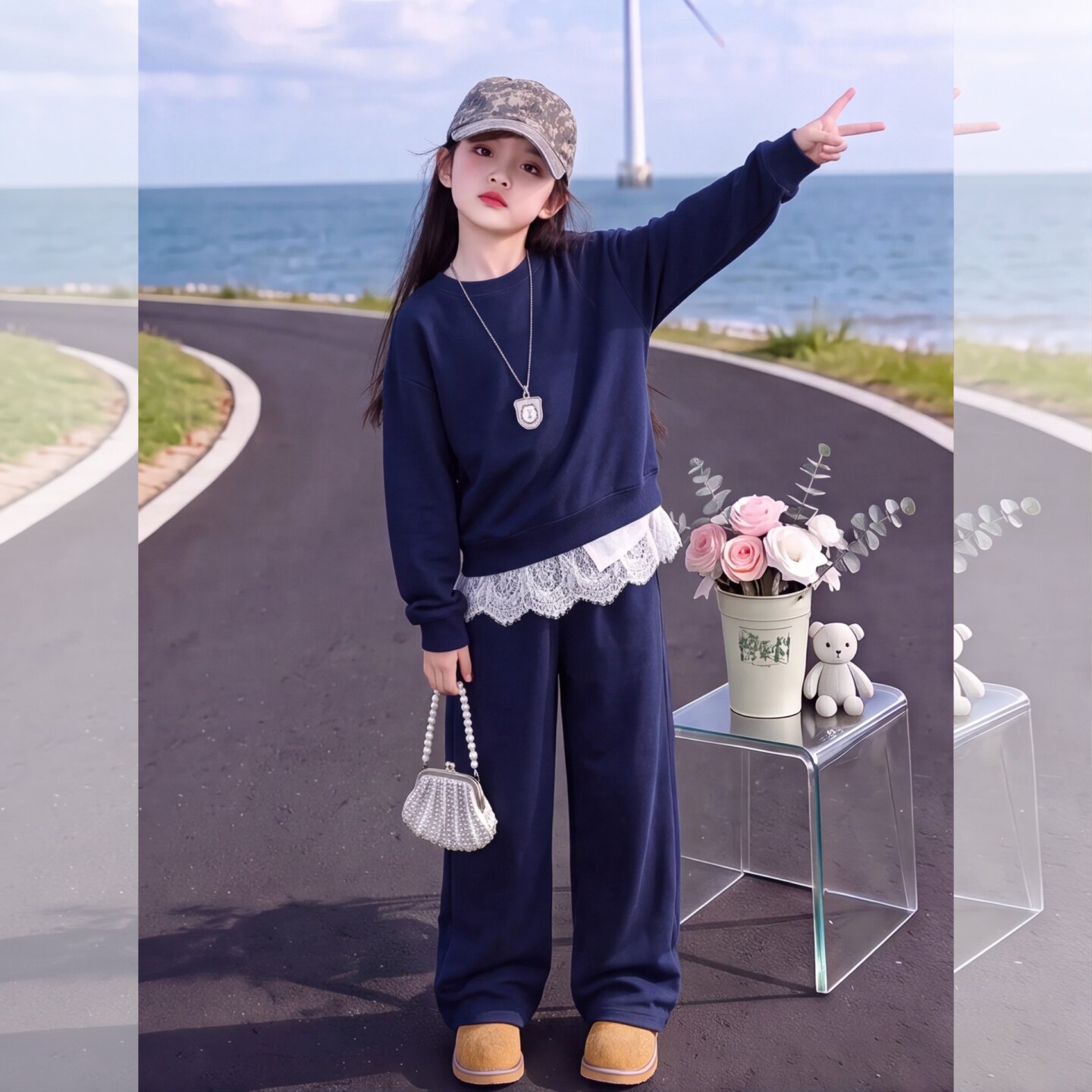 女大童韩系慵懒风蕾丝拼接卫衣套