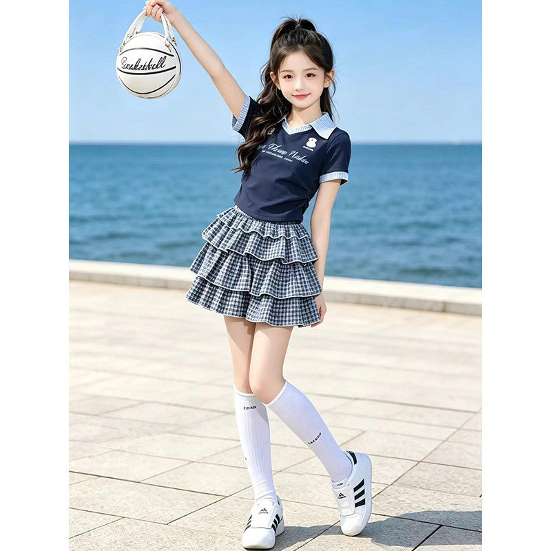 女童夏季Polo衫套装夏季2026新款儿童学院风T恤女孩格子裙两件套