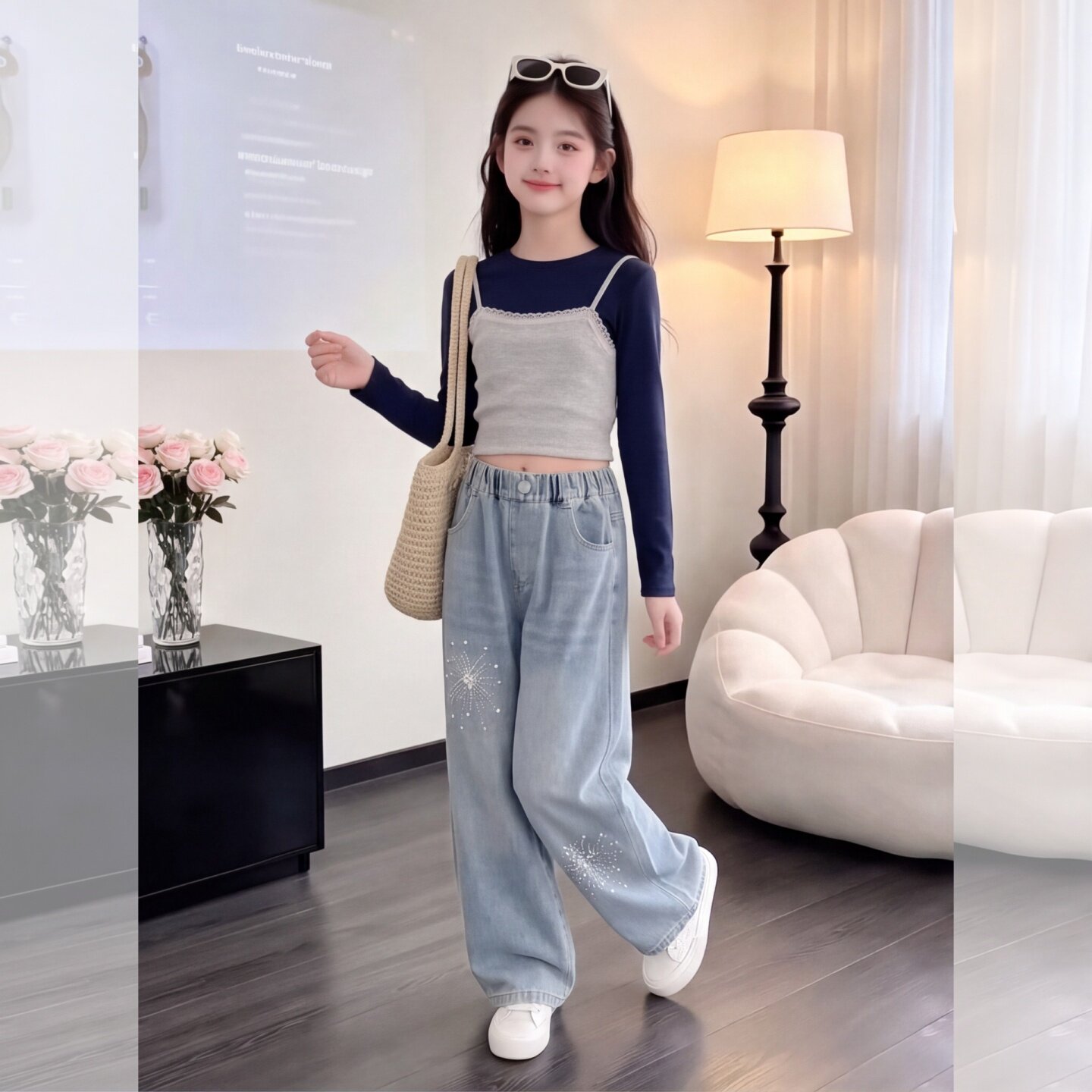 女童牛仔裤秋季韩版时尚烫钻阔腿