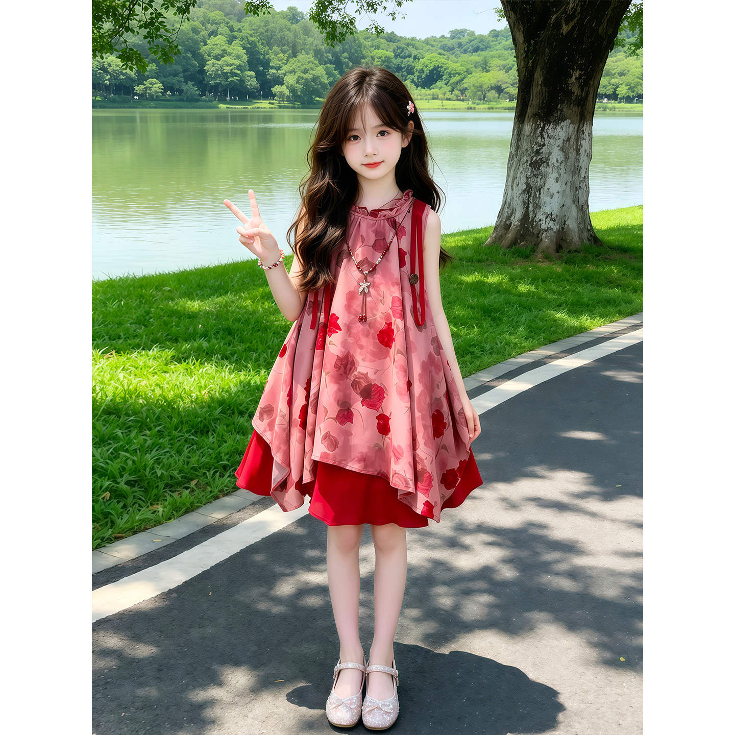 女童夏季连衣裙2026新款儿童洋气玫瑰花印花裙夏装女孩无袖裙子潮