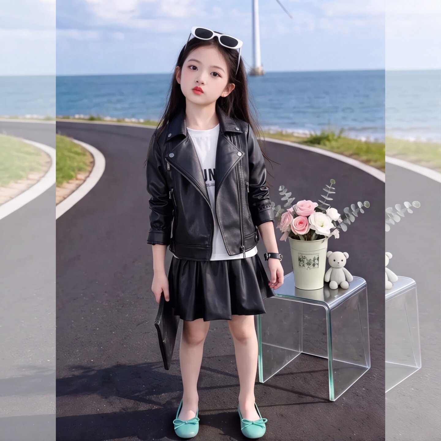 童装2022新款夹克衫女童PU皮衣儿