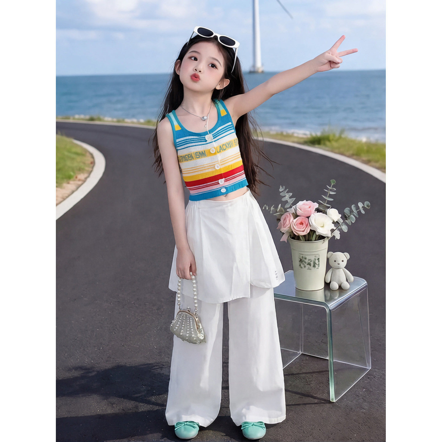 女童彩色冰感背心烫钻阔腿裤套装
