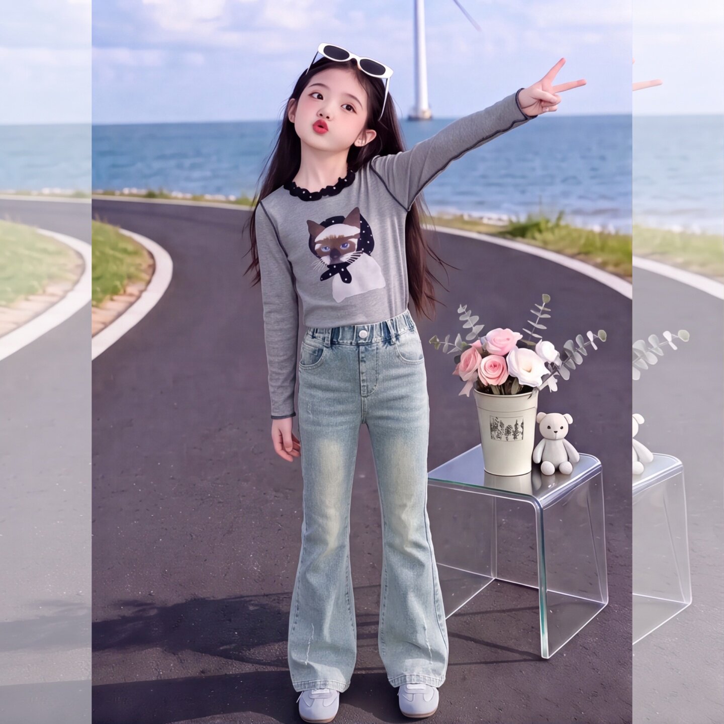 女童喇叭裤秋款2026新款儿童牛仔