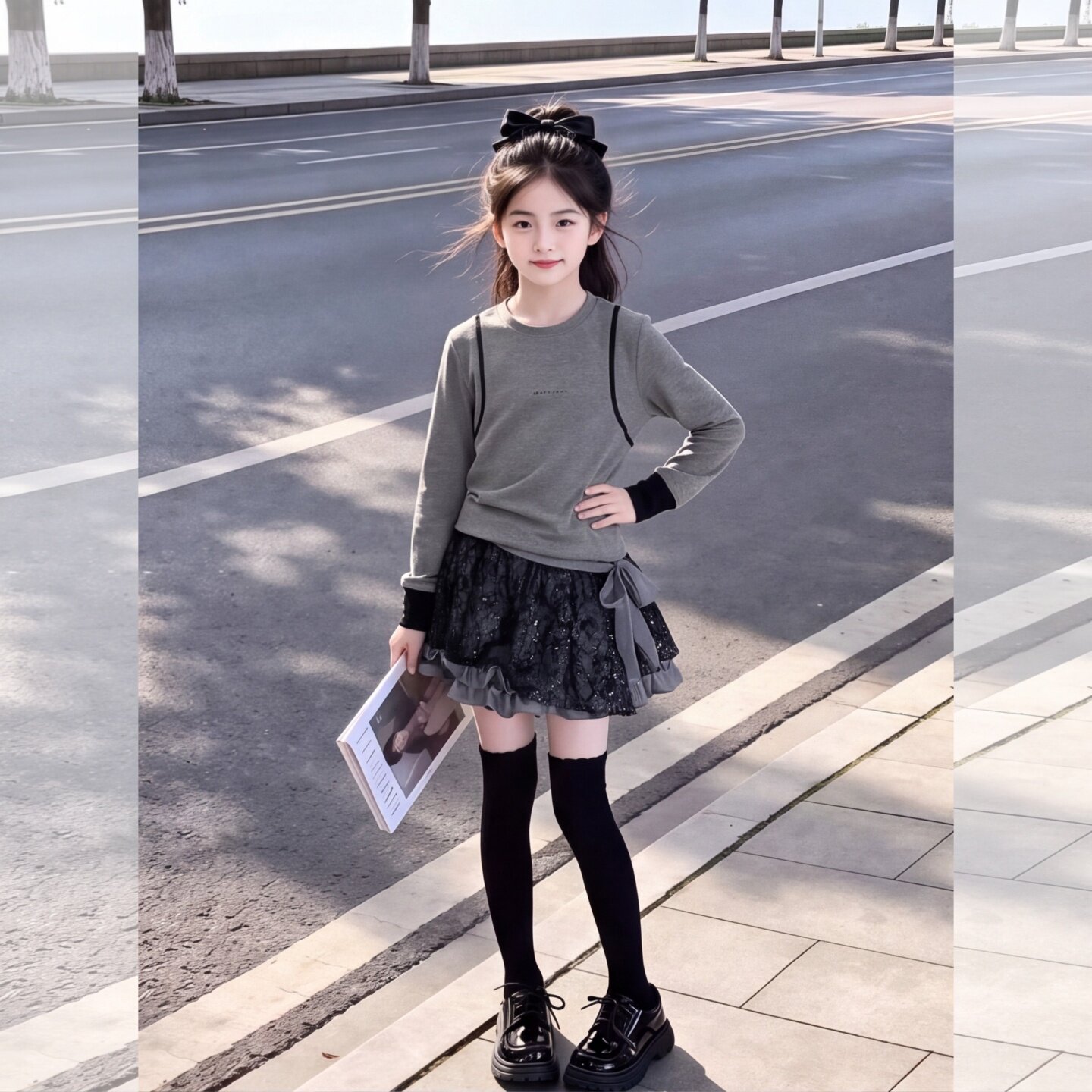 女童秋季新款2026灰色拼色打底衫