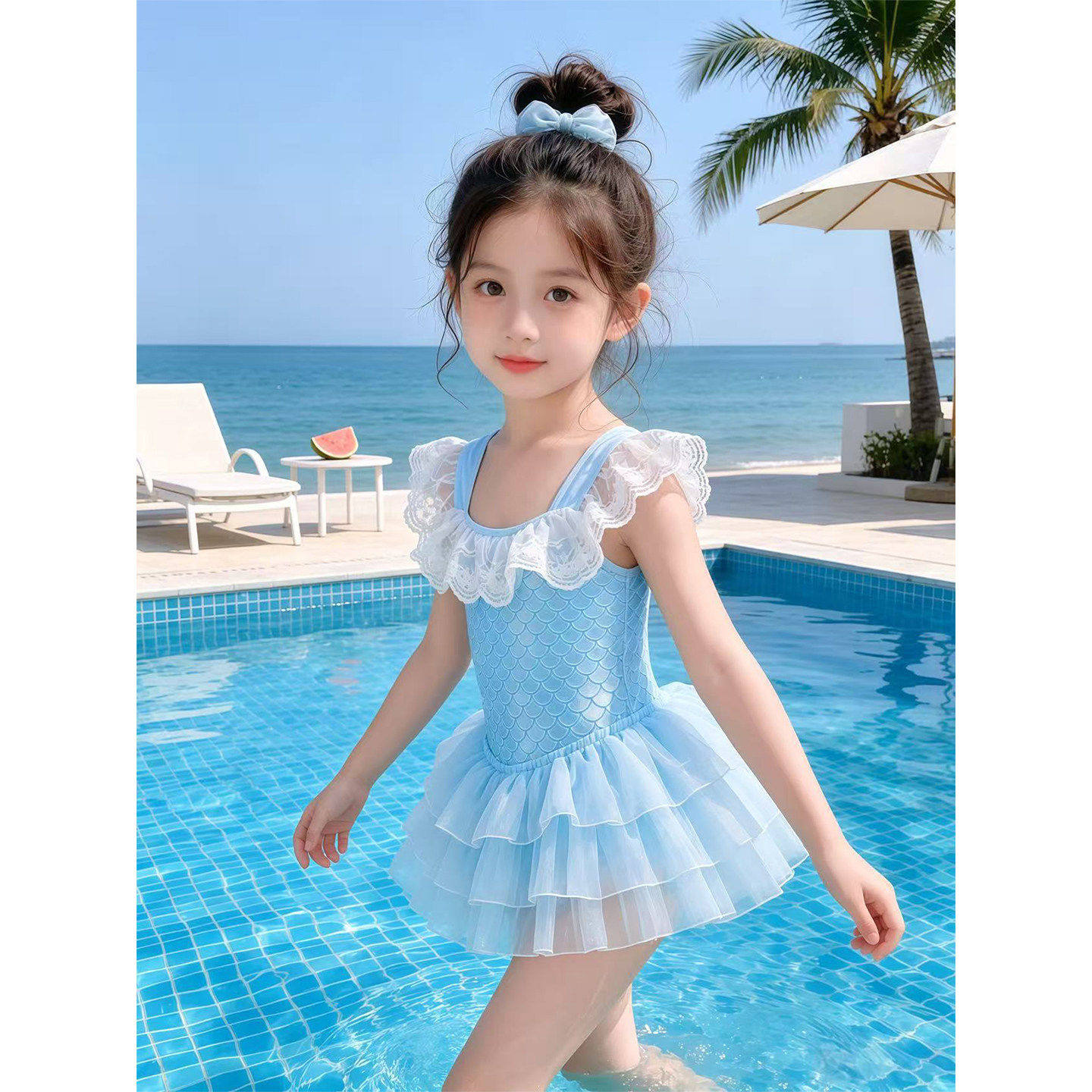 女童连身裙式泳衣2026新款夏季蕾丝1/4吋套筒扳手袖亮片蝴蝶纱裙