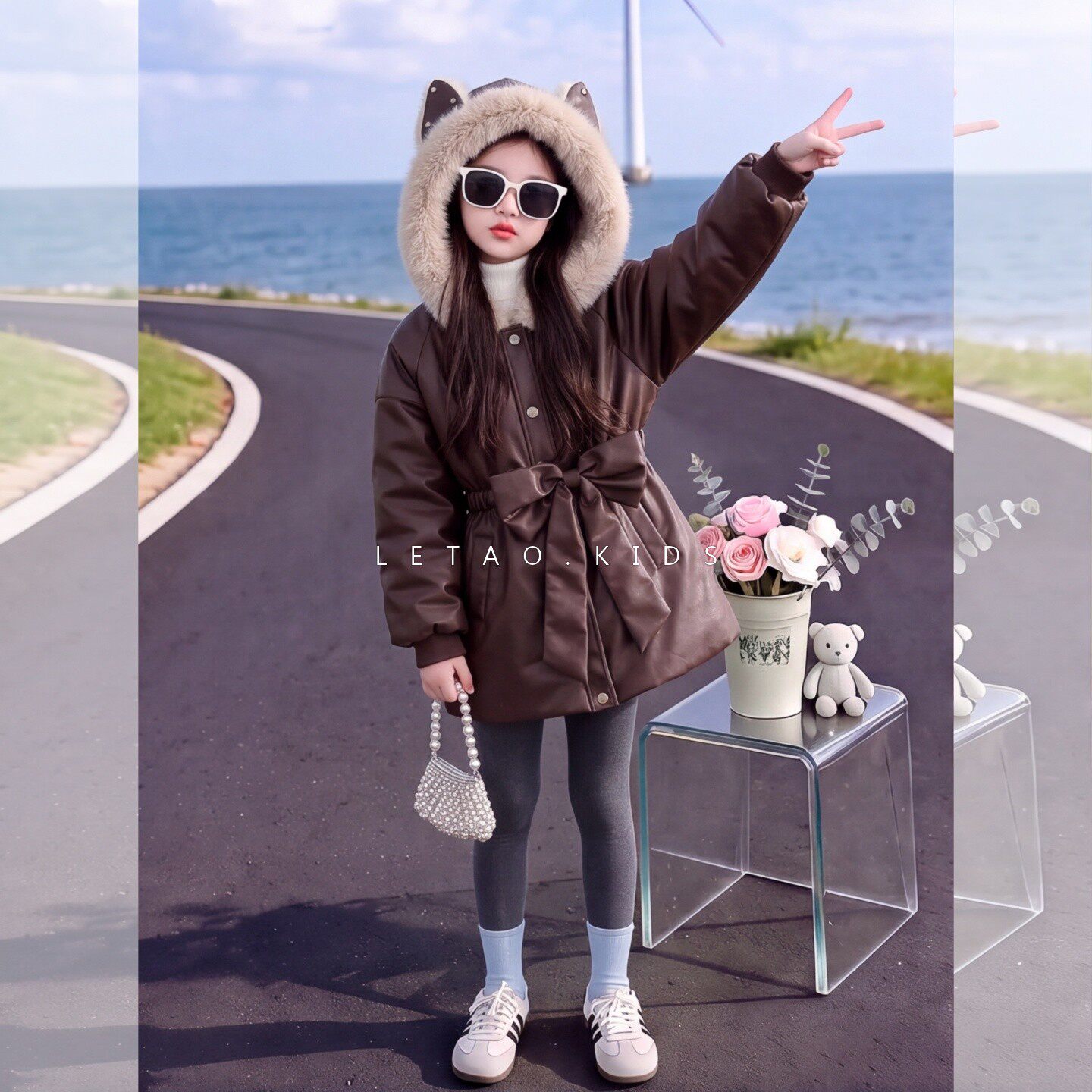 女童秋冬加绒连帽毛毛领派克服