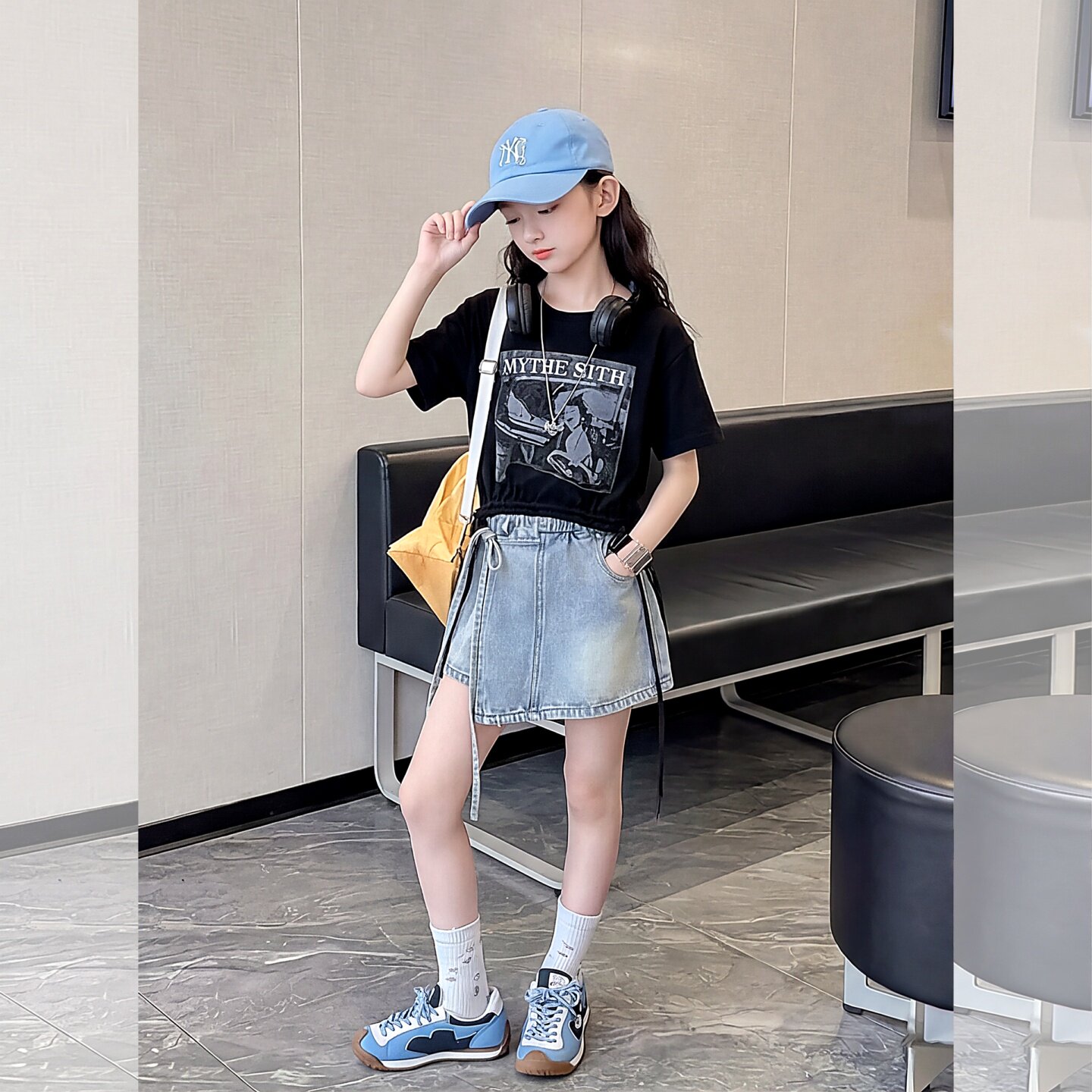 女童夏印花抽绳短袖牛仔裙裤套装