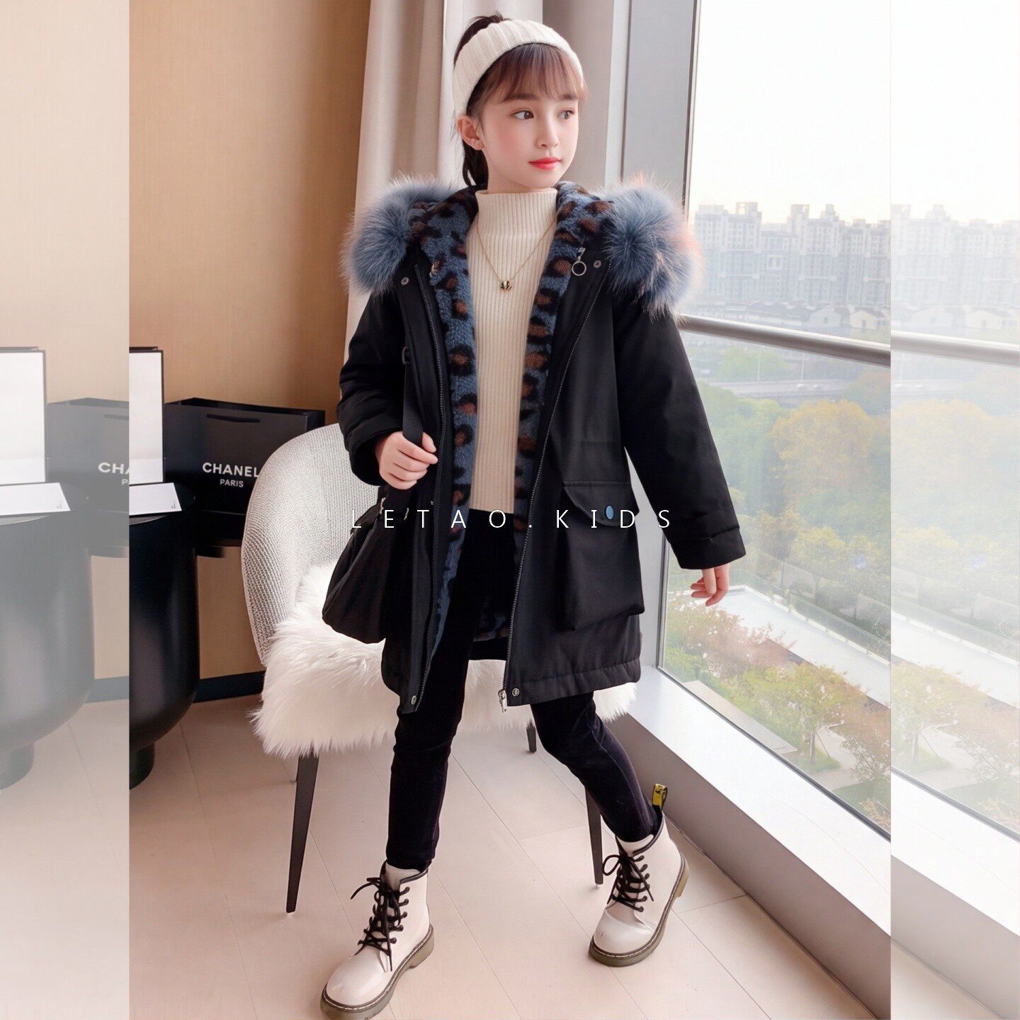女童加绒加厚豹纹连帽派克服外套