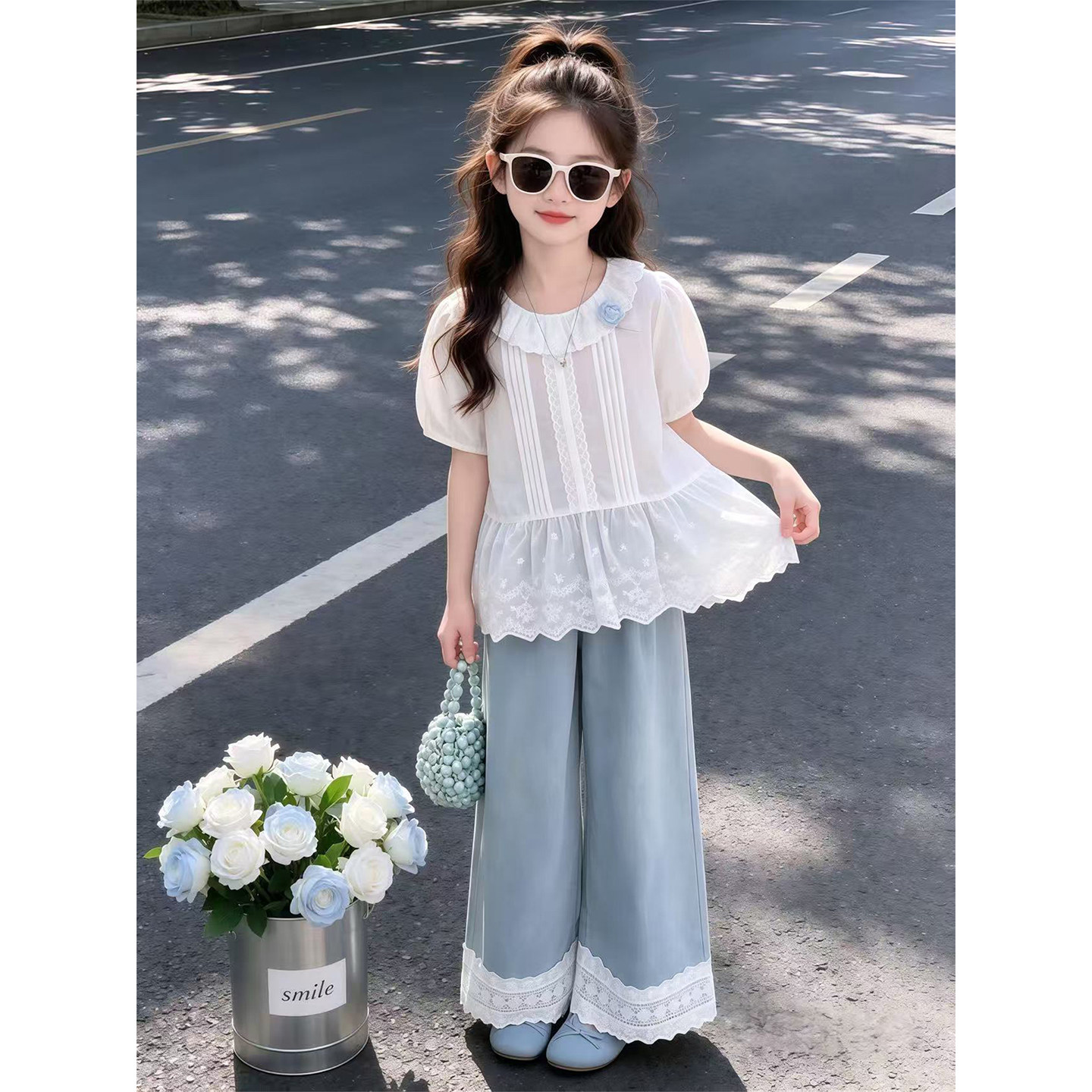 女童短袖套装夏季2026新款大童阔腿裤子夏天儿童装洋气T恤两件套t