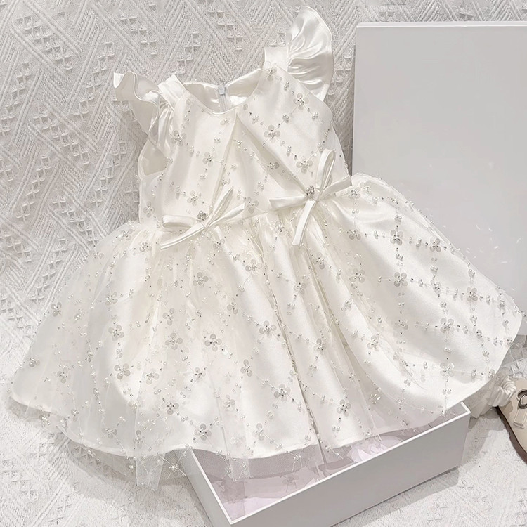 白色童装女童周岁礼服连衣裙儿童洋气轻奢重工女宝宝生日公主裙子