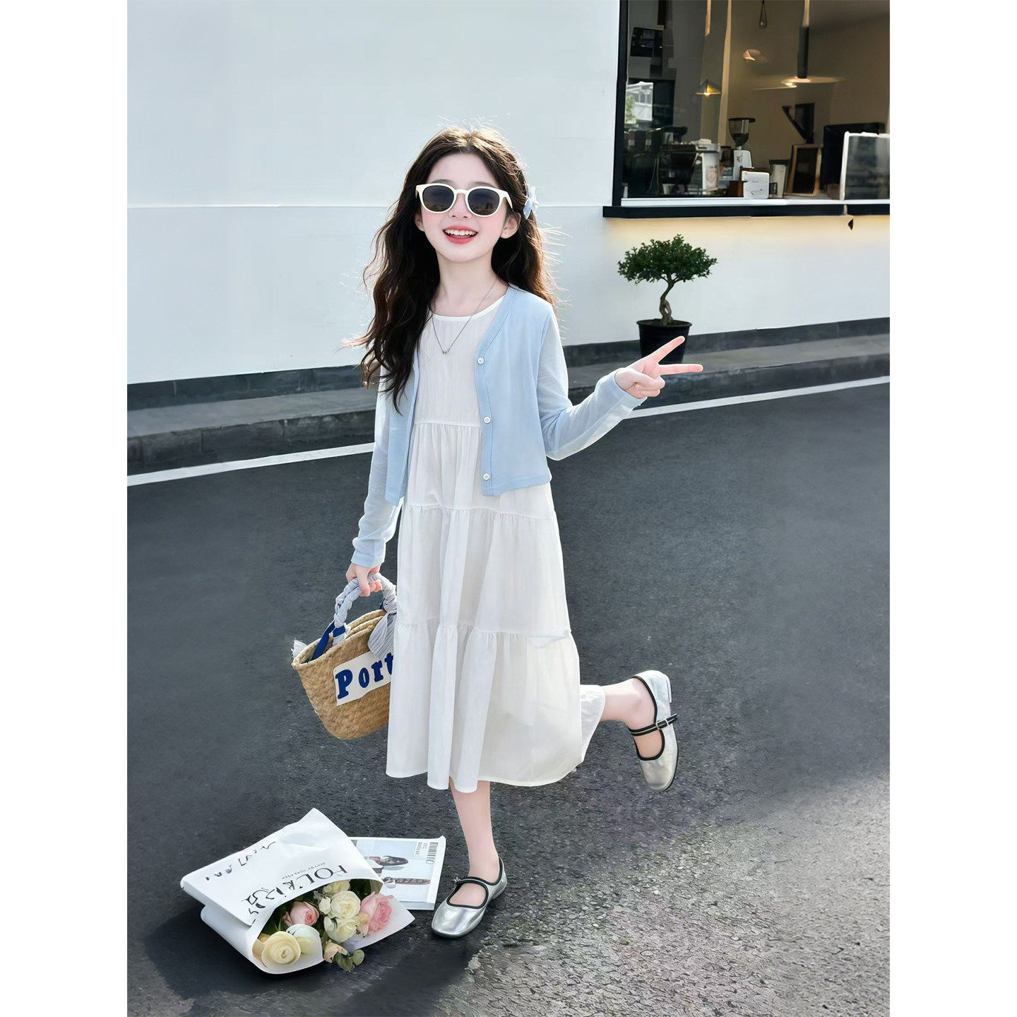 女童夏装连衣裙2026新款儿童夏季亲子防晒开衫女孩白色长裙两件套