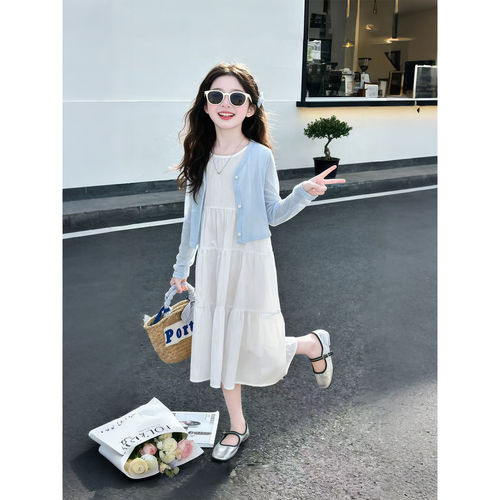 女童夏装连衣裙2026新款儿童夏季亲子防晒开衫女孩白色长裙两件套