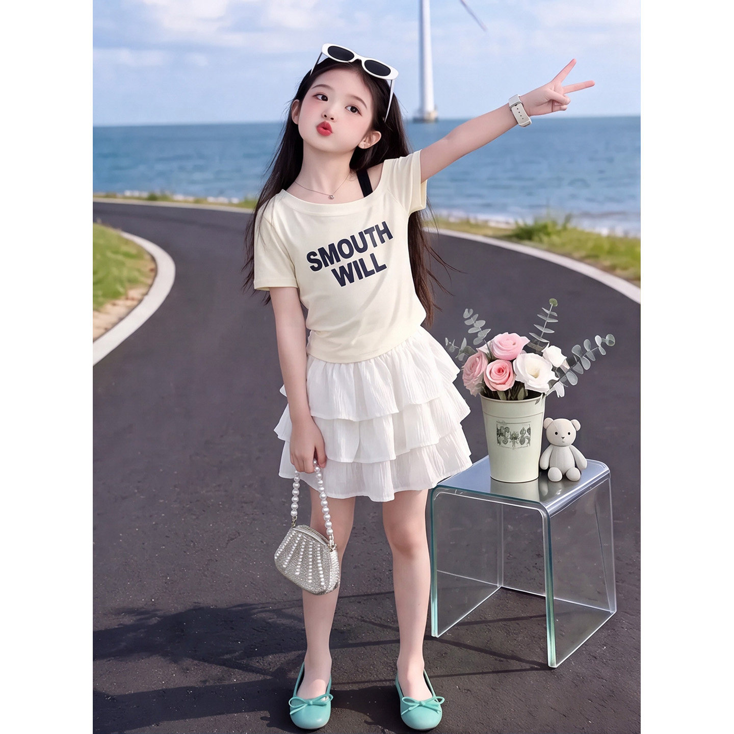 女童夏季套装儿童女孩时尚露肩T