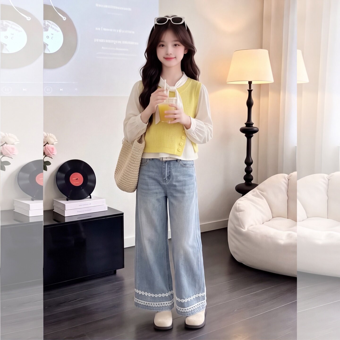 女童针织马甲长袖衬衫牛仔裤套装