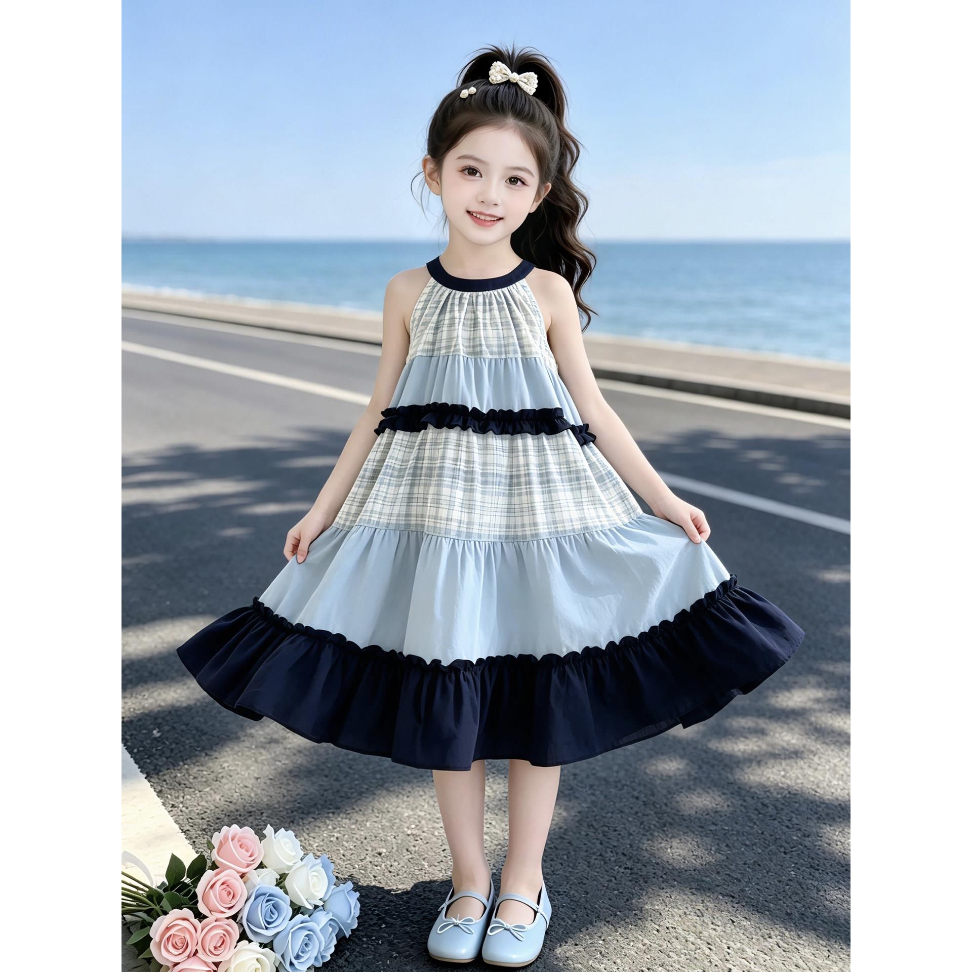 女童连衣裙夏季2026新款儿童无袖挂脖拼接裙子夏装女孩背心裙洋气